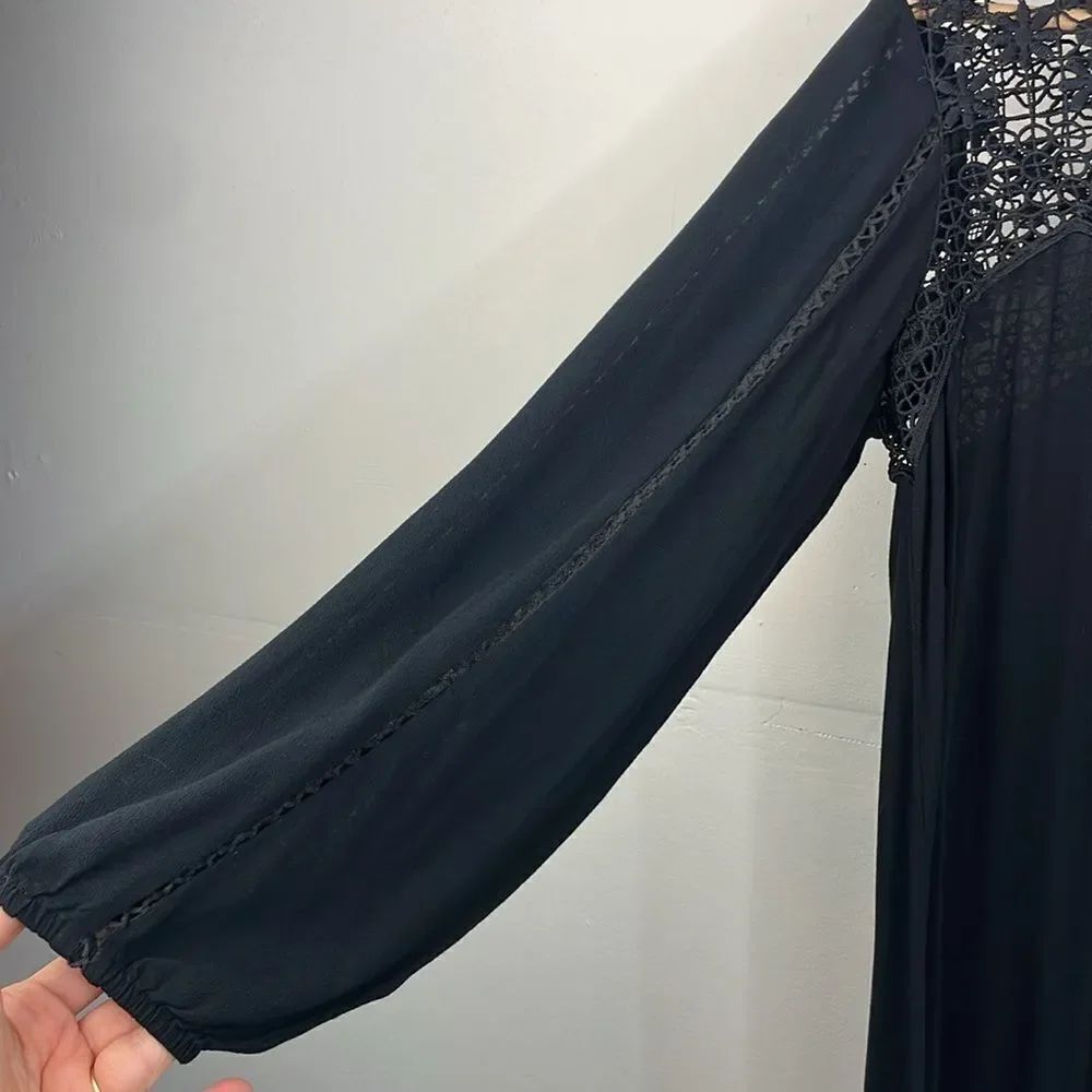 American Eagle Black Gothic Lace Yoke Tunic Dress Boho Romantic Long Sleeve Medi - Picture 5 of 14